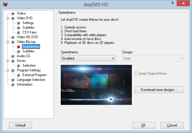 Video Blu-ray Speedmenu Settings