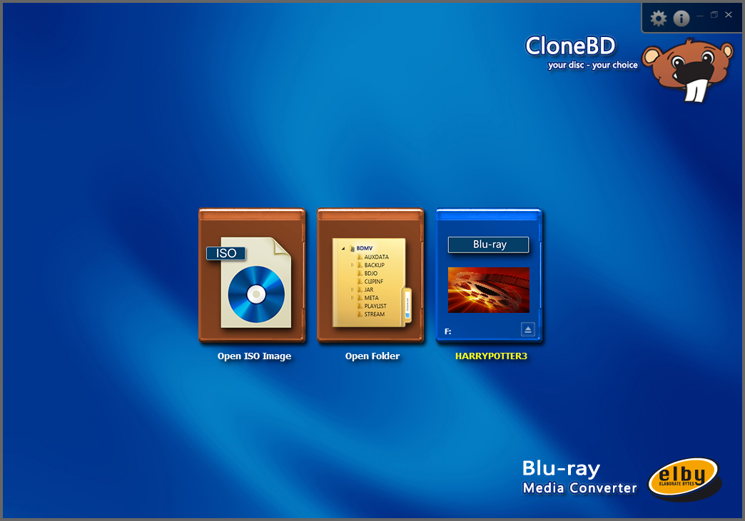 CloneBD Start Screen Blu-ray disc inserted